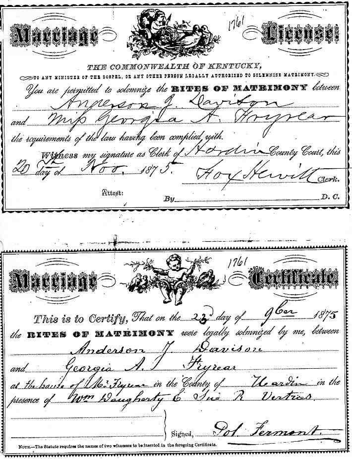 Marriage License and Certificate — Anderson J. Davison and Georgia A. Fryrear, Hardin County, Kentucky, 1875