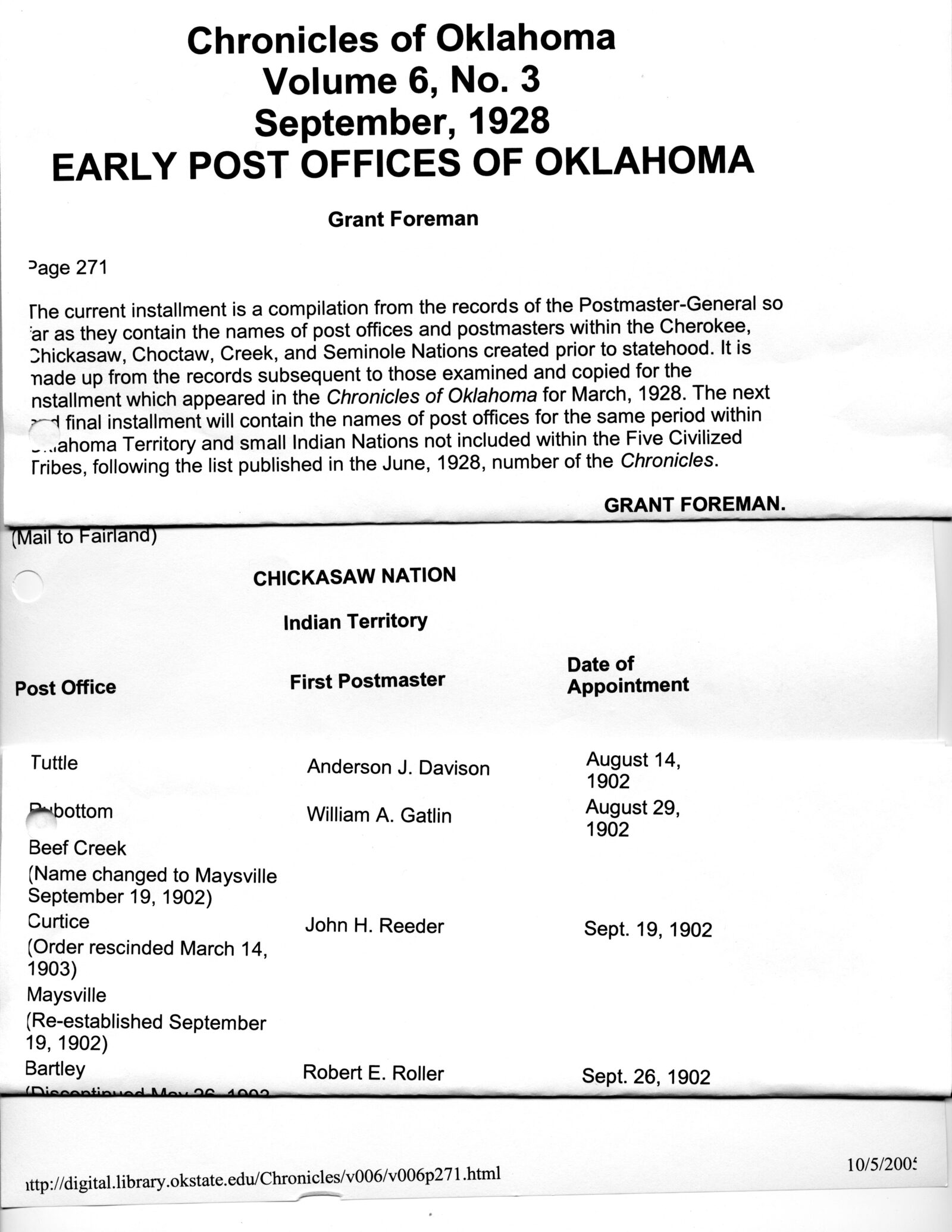 Anderson J. Davison — First Postmaster of Tuttle, Indian Territory, 1902
