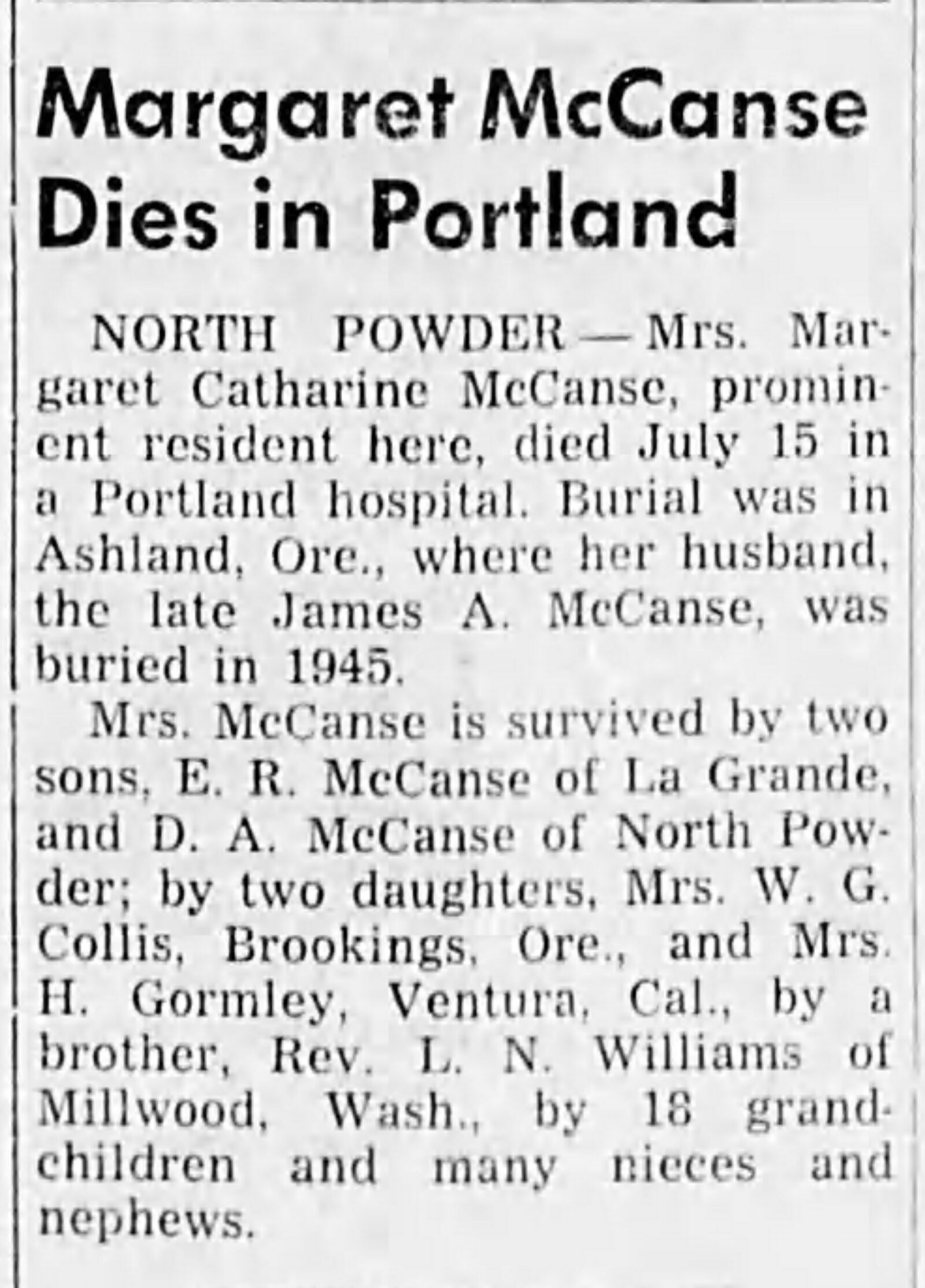 Obituary — Margaret Catharine McCanse (née Williams), La Grande Observer, 1949