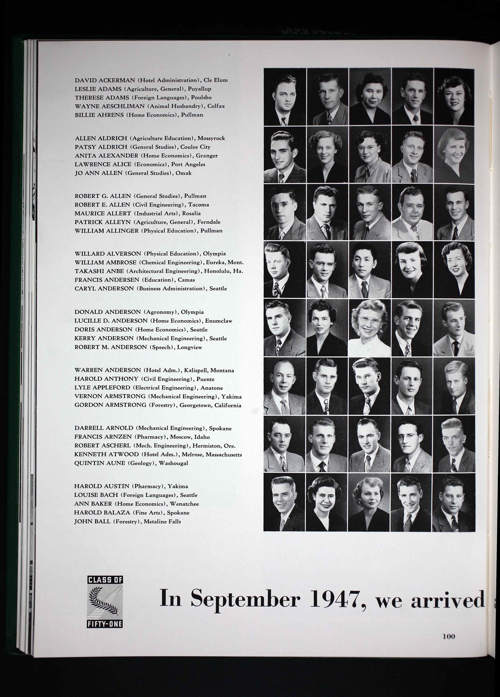 Senior Class Listing — Robert Ascherl, Washington State College Chinook, 1951 (p. 100)