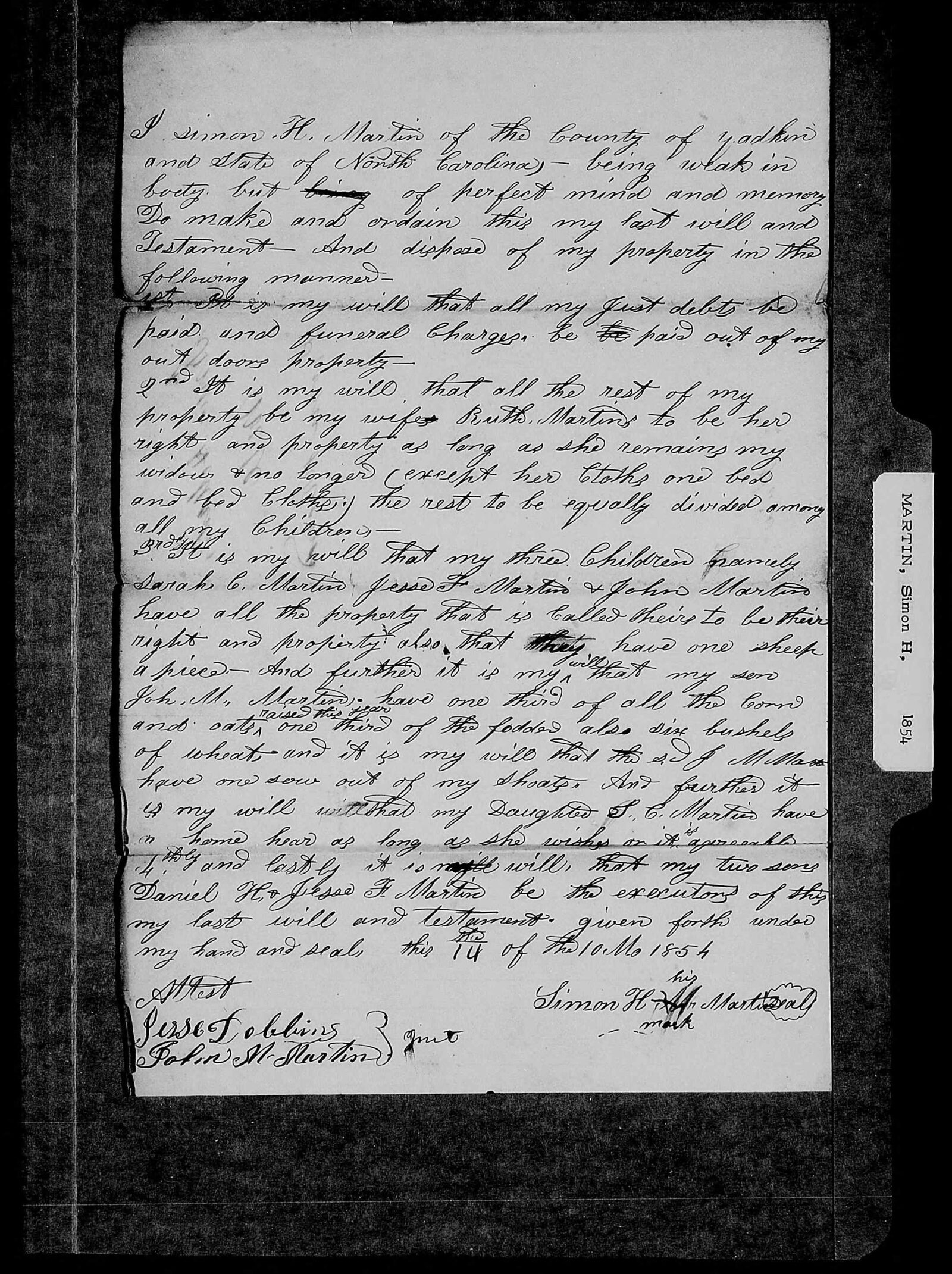 Last Will and Testament of Simon H. Martin, Yadkin County, North Carolina, 1854