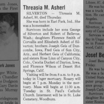 Obituary — Threasia M. Asherl (Threasia Mary Geis), Silverton Or, 1987